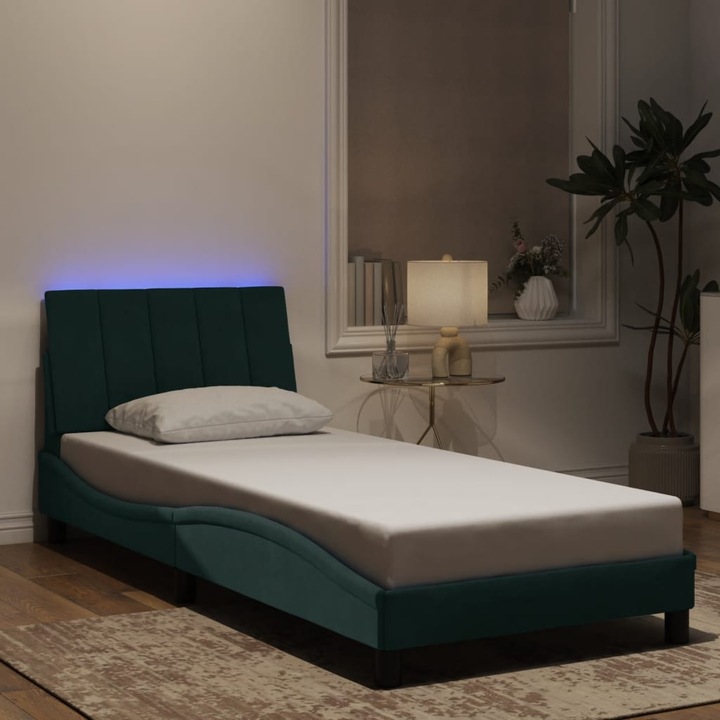 Cadru de pat Gossi cu lumini LED, verde închis, catifea, 80x200 cm, set complet