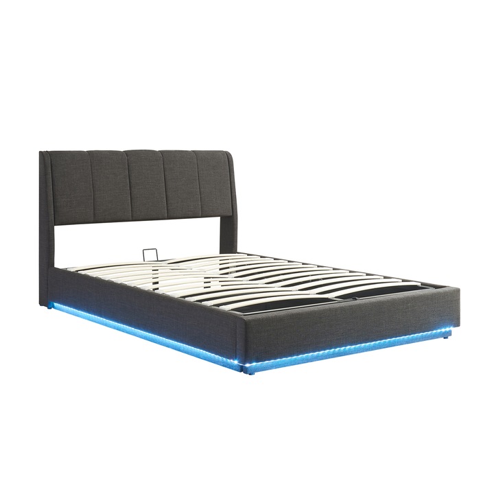 [en.casa] Franciaágy Tröstiar 200 x 140 cm MDF len-poliészter fém műanyag fekete beépített LED-világítással 500 kg