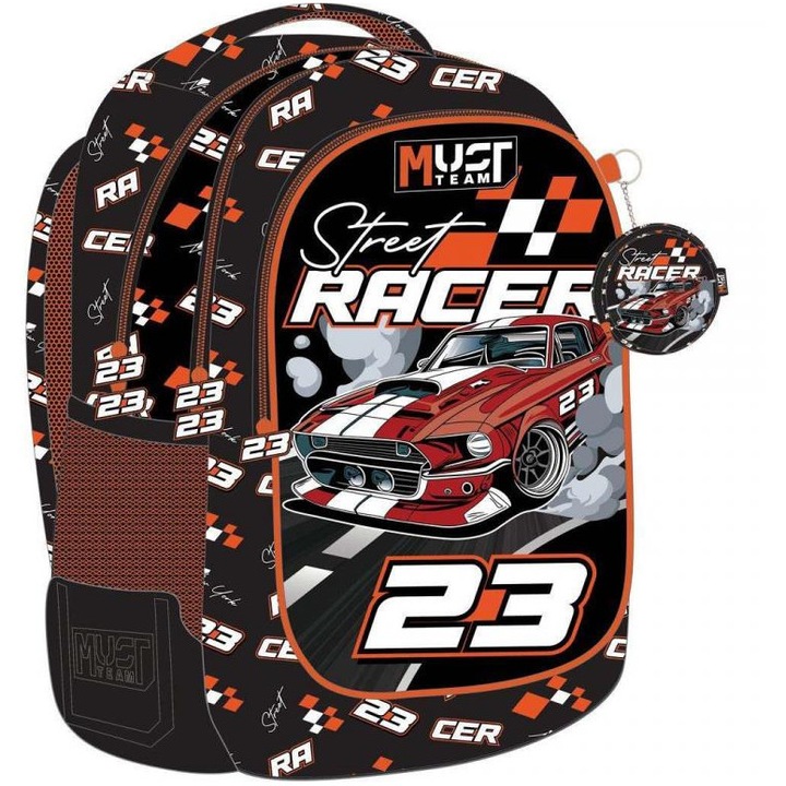 Luna: Must Team Street Racer autós lekerekített 3 rekeszes iskolatáska, hátizsák 32x18x43cm