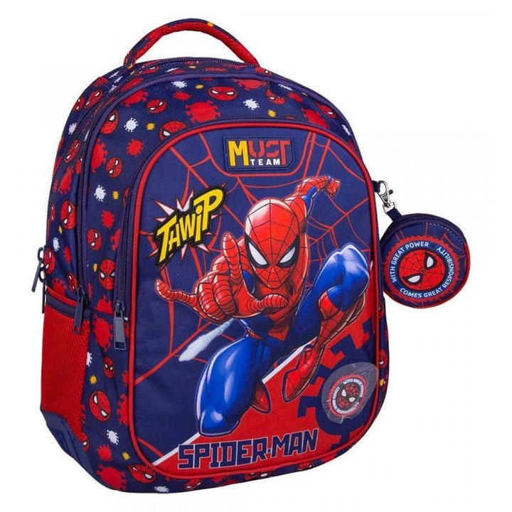 Luna: Must Team Pókember Thwip lekerekített 3 rekeszes iskolatáska, hátizsák 32x18x43cm