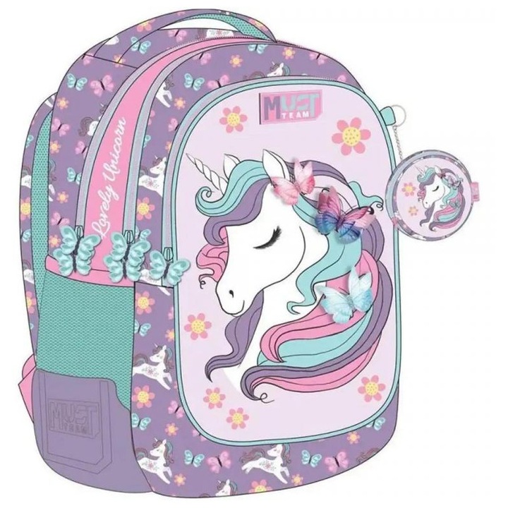 Luna: Must Team Unikornis lekerekített 3 rekeszes iskolatáska, hátizsák 32x18x43cm