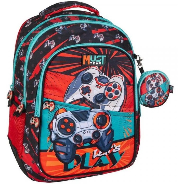 Luna: Must Team Gamer lekerekített 3 rekeszes iskolatáska, hátizsák 32x18x43cm