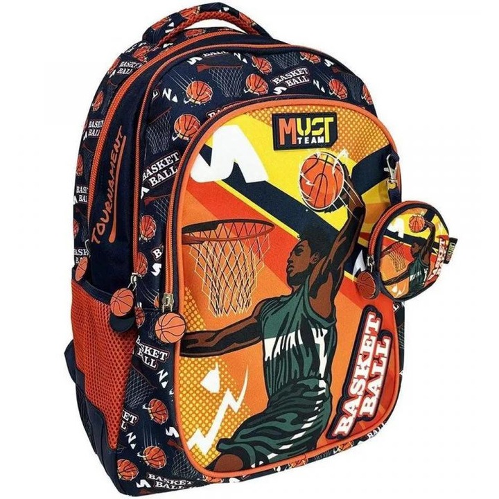 Luna: Must Team kosárlabda mintás narancssárga - kék lekerekített 3 rekeszes iskolatáska, hátizsák 32x18x43cm