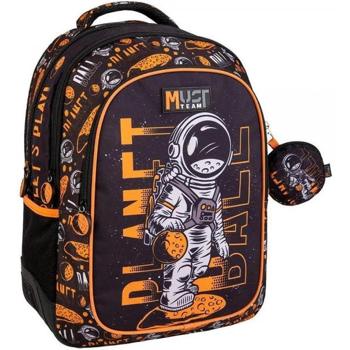 Luna: Must Team űrhajós fekete-narancssárga lekerekített 3 rekeszes iskolatáska, hátizsák 32x18x43cm