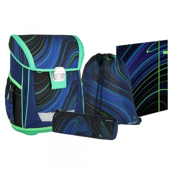 Spirit: Blue Stripes kék-zöld csíkok fekete alapon iskolatáska, hátizsák 4db-os szett 41x20x32cm