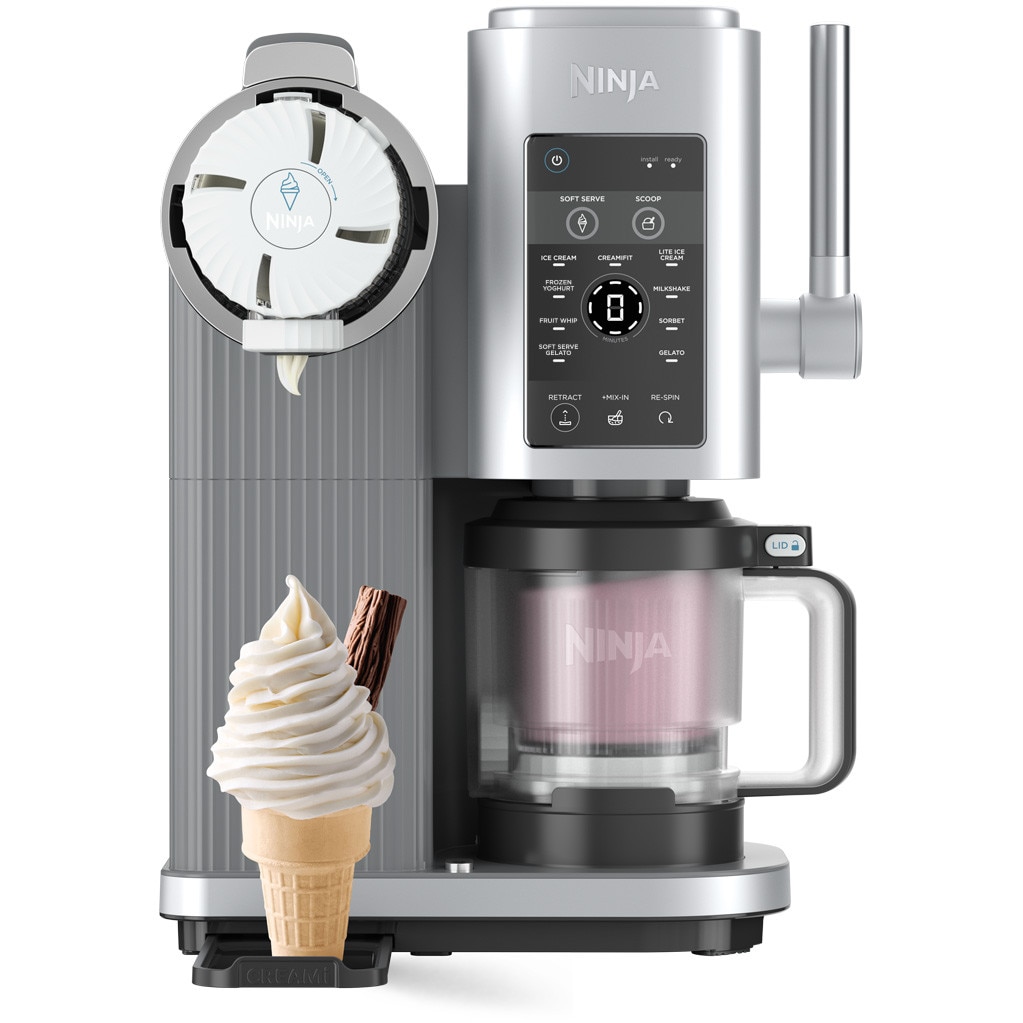 Aparat inghetata la cornet Ninja CREAMi Swirl NC701EU, 13-in-1, maneta 3 viteze pentru cornete, 13 programe, 6 moduri clasice Creami pentru milkshake, gelato si sorbet, 2 boluri 480 ml, Gri