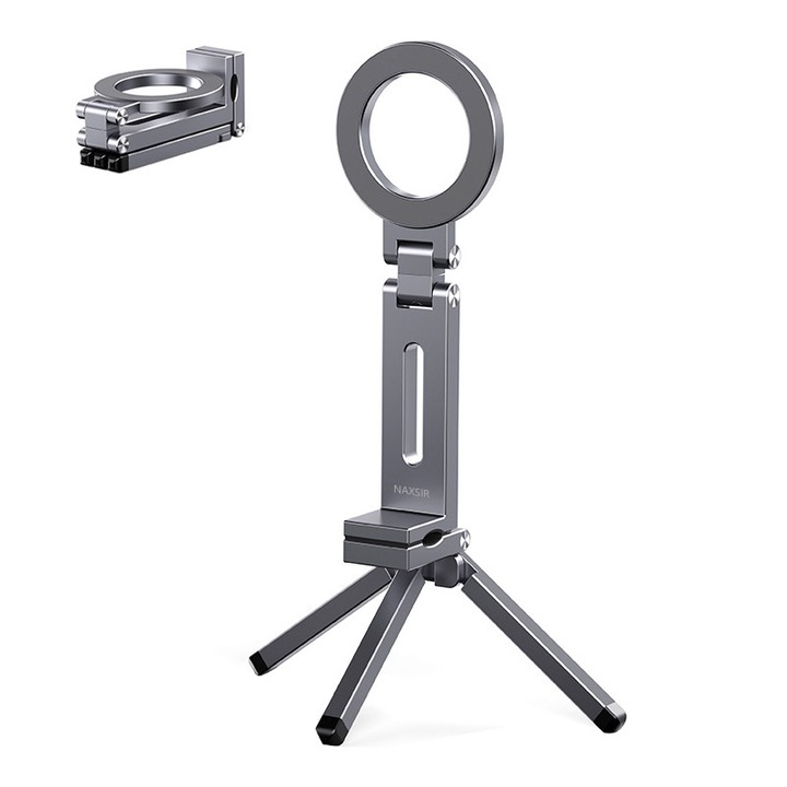 Преносима магнитна стойка за телефон, NAXSIR, Сгъваема, с резба 1/4, Регулиране на 360 градуса, за маси, поднос за самолет, бюро, пътувания, сива