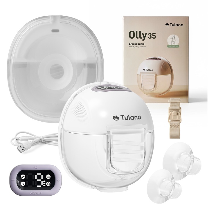 електрическа помпа за кърма Tulano Olly 35, безжична, 4 режима: масаж, стимулация, изсмукване и изцеждане на мляко, 36 настройки на мощността, автоматично запаметяване на настройките, таймер и LED дисплей, контейнер 150 мл, без BPA, бяла
