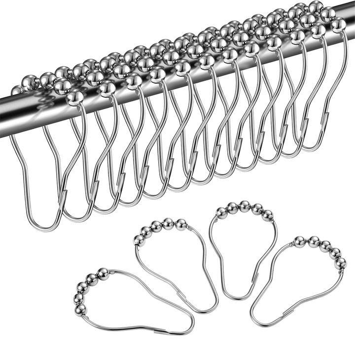 Set 12 Inele pentru Perdea Dus, BOMSTOM, Accesorii Baie, Agatatoare Inox, Anticadere, Rezistente la Coroziune, Decoratiuni Metalice, Ideal pentru Bara si Prindere Usoara, Argintiu