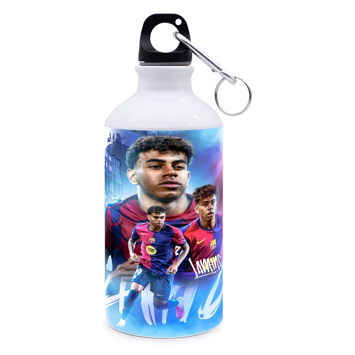 Személyre szabott sportkulacs Lamine Yamal nyomattal, alumínium, fehér, 500 ml menetes kupakkal és karabinerrel, ajándék Barcelona focirajongónak