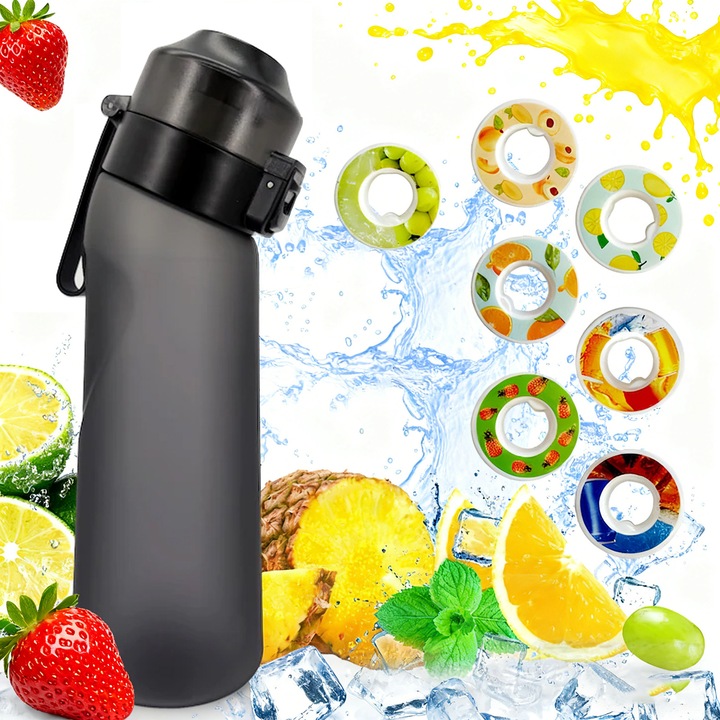 YOUKUKE ízesített vízes palack, 7 ízkapszulával, sportpalack, 650ml, 0 kalória és 0 cukor adalékanyag, ideális edzőterembe, szabadtéri tevékenységekhez, matt fekete