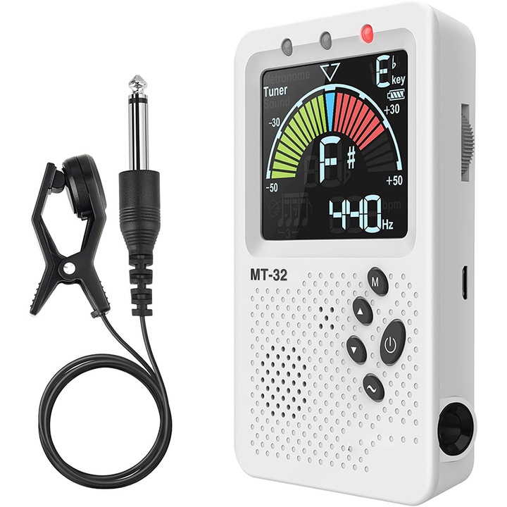 Tuner multifunctional, 3 in 1, Rqiurpn, cu generator de ton, display LCD, Portabil, pentru Guzheng, Guqin, Erhu, Pipa, Clasic, cu sunet puternic, alb