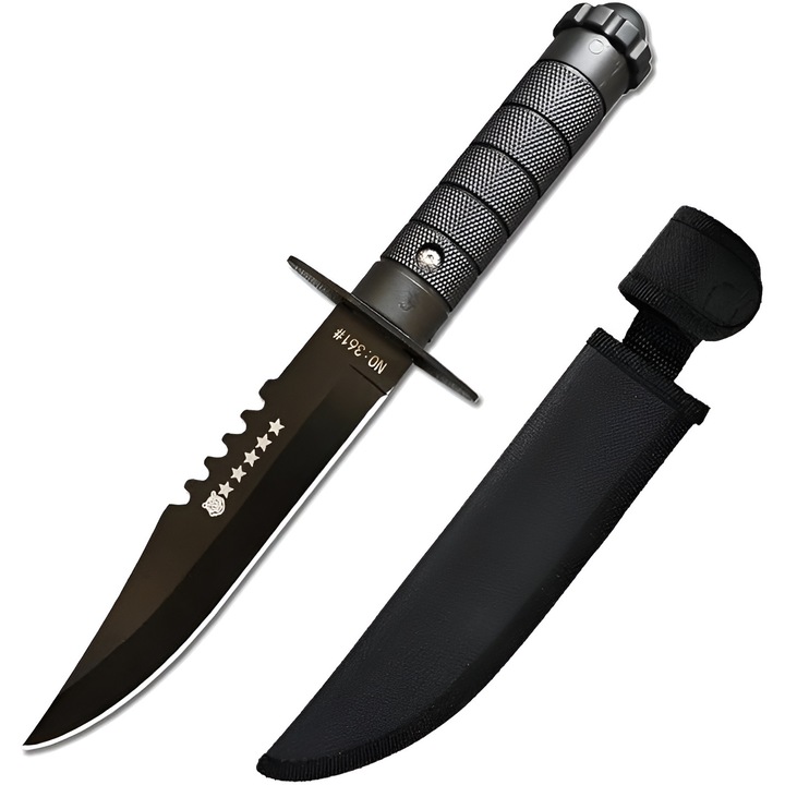 Cutit de vanatoare cu maner negru mat – lama zimtata din otel, cu agatatoare si husa inclusa, ideal pentru camping, supravietuire si activitati outdoor