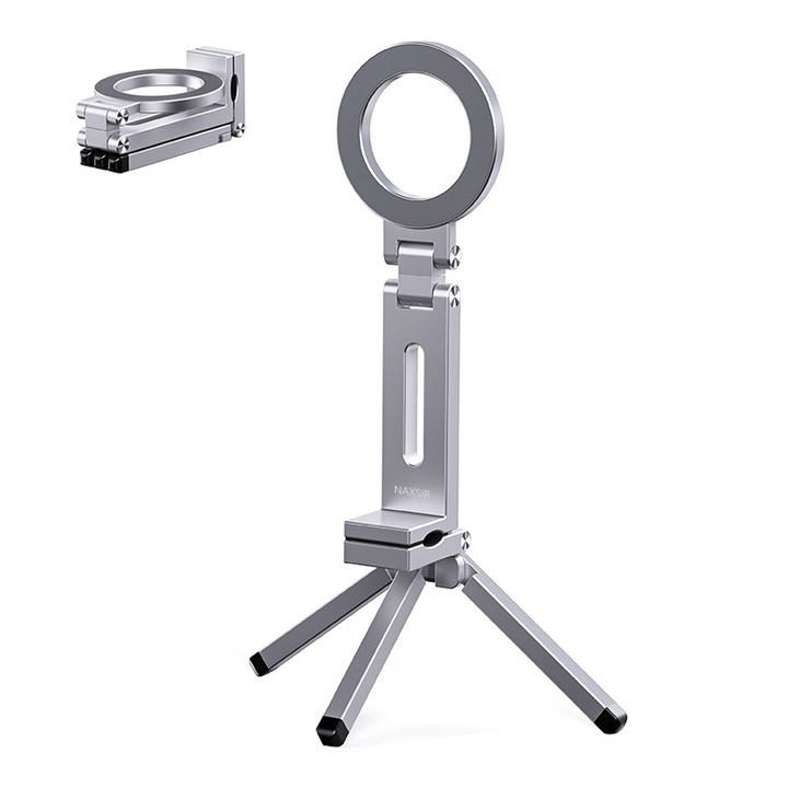 Suport magnetic portabil pentru telefon, NAXSIR, Pliabil, cu filete 1/4, Ajustare 360 de Grade, pentru Mese, Tava Avion, Birou, Calatorii, Argint