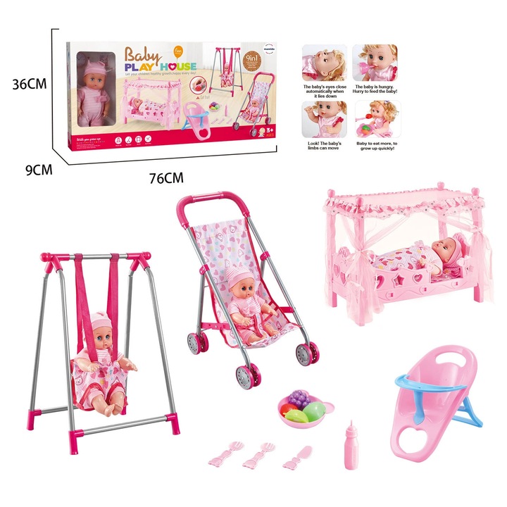 Mamido 9 az 1-ben babagondozó szett, csukódó szemű baba, babakocsi, baldachinos kiságy, többszínű, lányoknak