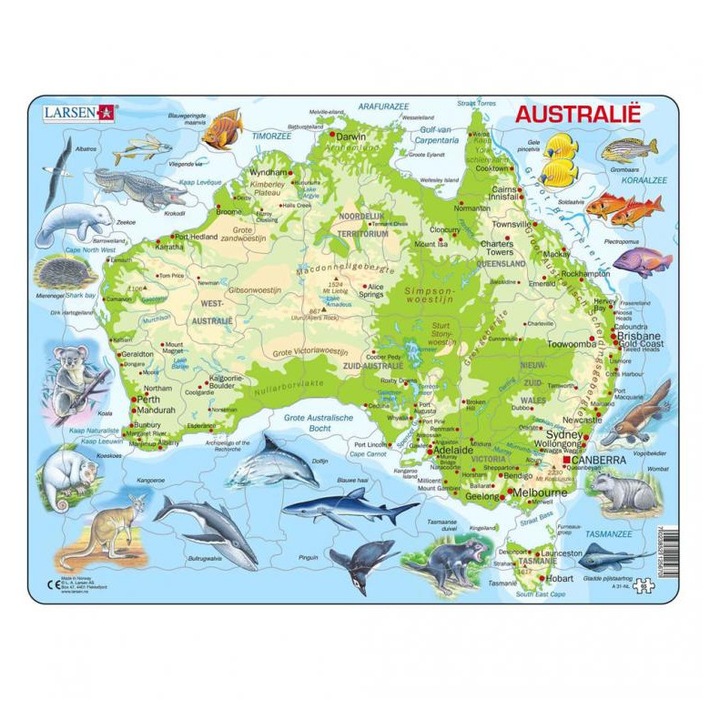 Larsen puzzle térkép Ausztrália, földrajzi állatokkal, 65 darab, holland