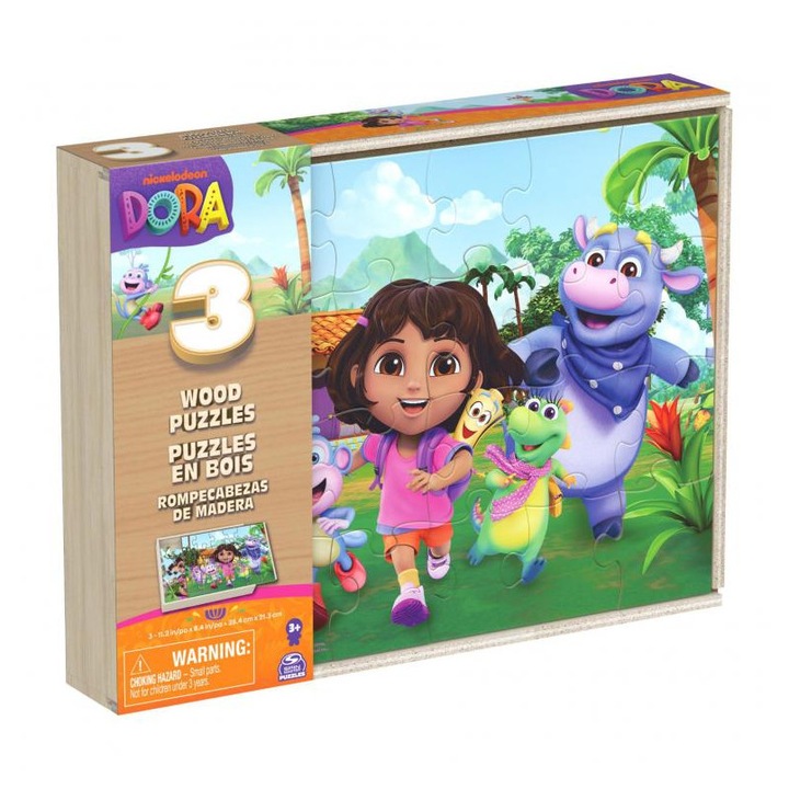 Dóra a felfedező 3x24 darabos fa puzzle fa dobozban