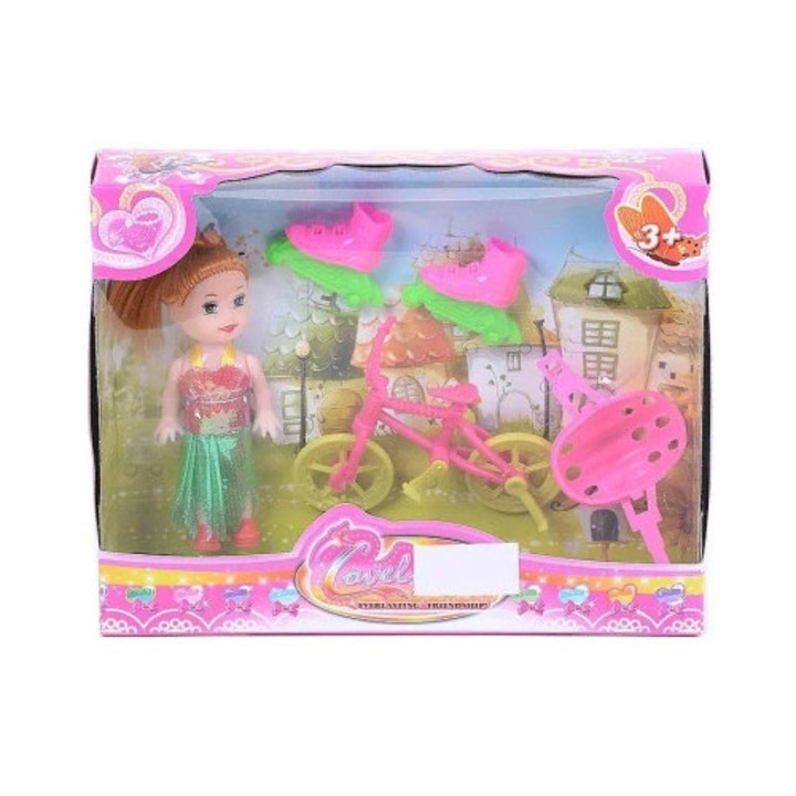 Papusa mini cu bicicleta si role, Adar, 19x14,5x4cm, alb/negru