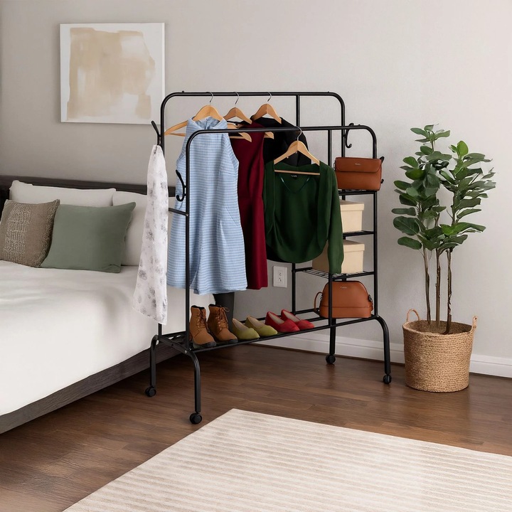 Стойка за дрехи на колела с двойни релси и рафтове