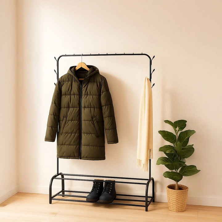 Закачалка с релса за дрехи, 2 рафта, 8 кукички