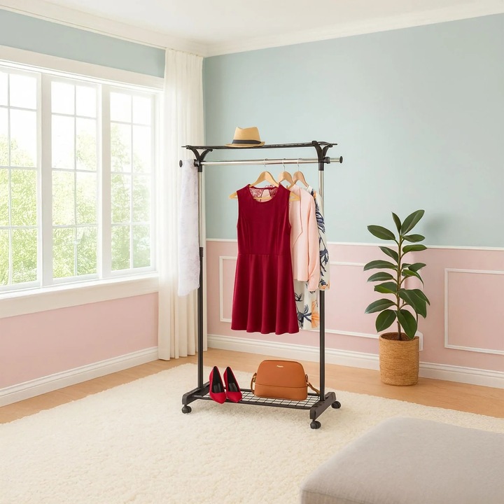 Ruhatartó állvány polcokkal és kerekekkel, állítható tároló
