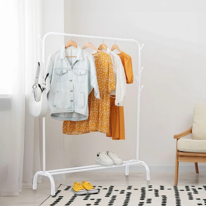 Álló ruhatartó állvány polccal és kampókkal