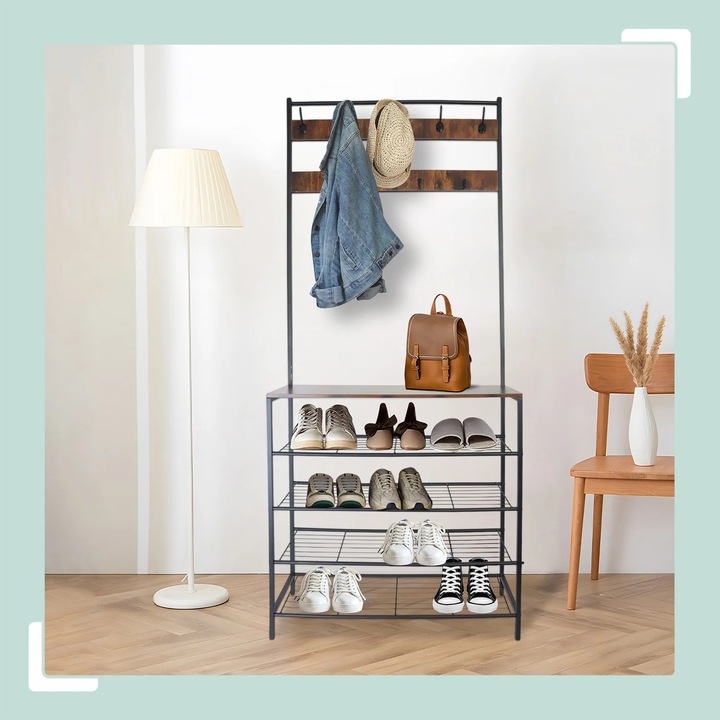 Стойка за дрехи с място за съхранение на обувки, 2 релси с куки, 4 рафта