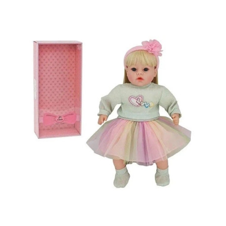 Papusa Adar 45cm, cu par cusut, canta si vorbeste in poloneza, 46,5x24,5x13cm, set cu geanta PVC