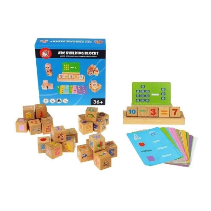 Set de blocuri din lemn si carti educationale, Adar, 3x3x3cm, 20,5x19,5x6cm