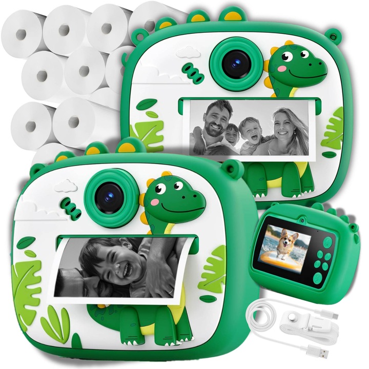 Детски моментален фотоапарат GALAXIA, 12 ролки, 1080P, термопечат без мастило, селфи, игри, музикален плейър, слот за SD карта, лек и компактен, Зелен динозавър