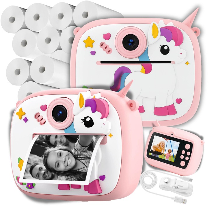 Aparat Foto Instant Copii GALAXIA, 12 role, 1080P, imprimare termica fara cerneala, selfie, jocuri, player muzical, slot card SD, usor si compact, Unicorni Roz