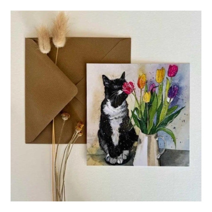 Felicitare set, Alex Clark, Kot wachajacy tulipany, brown, 14x20cm