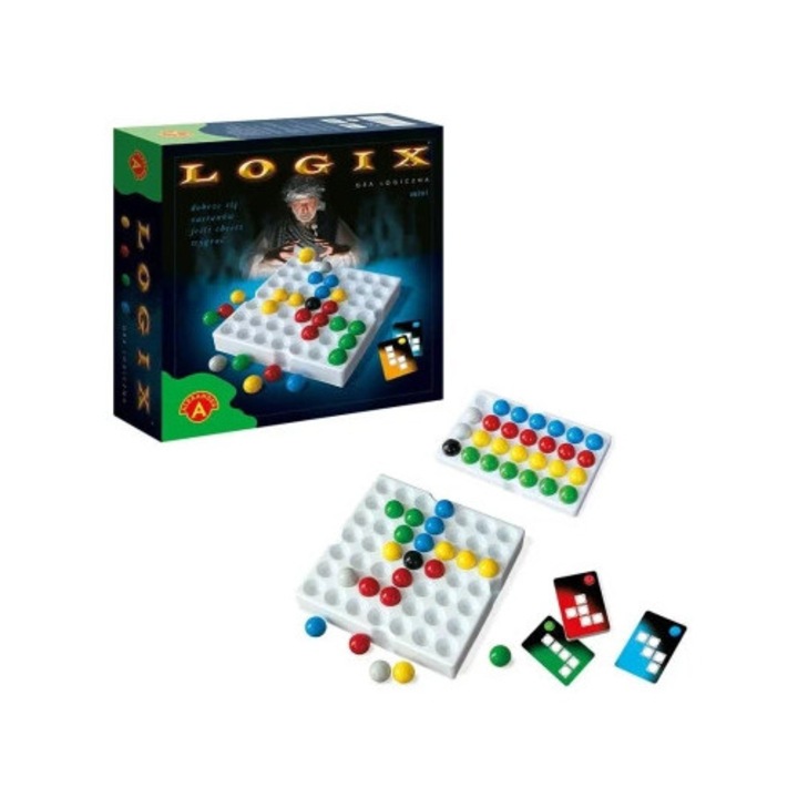 Joc de societate Logix mini Alexander, set cu 6 mingi rosii, 6 mingi verzi, 6 mingi galbene, 6 mingi albastre, 2 mingi gri, 1 minge neagra, 16 carti coduri