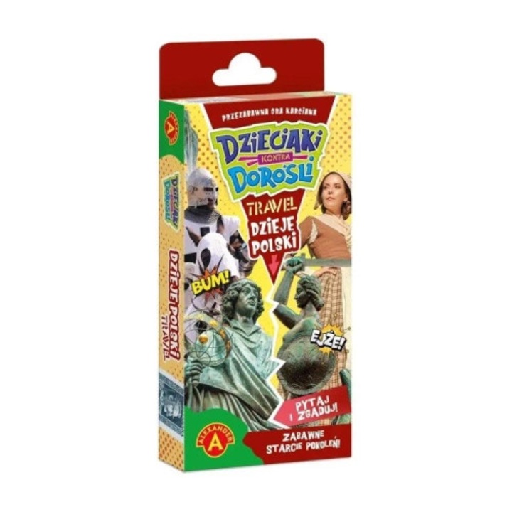 Joc de societate, Alexander, Dzieciaki contra Dorosli - Dzieje Polski Travel, 55 carti, 2 pioni, multicolor