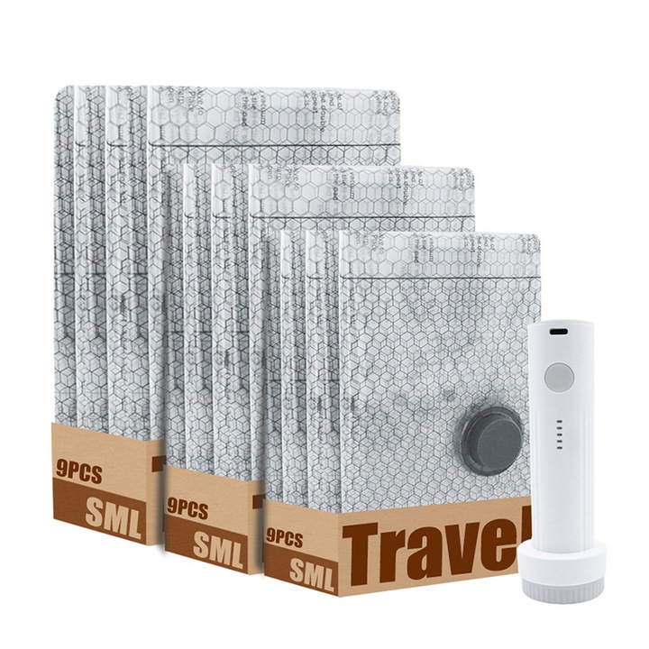 Saci de depozitare pentru jachete de puf, bagaje si saci de voiaj cu vid, 3 din fiecare dimensiune (S, M, L), cu pompa de compresie, 9 saci per pachet