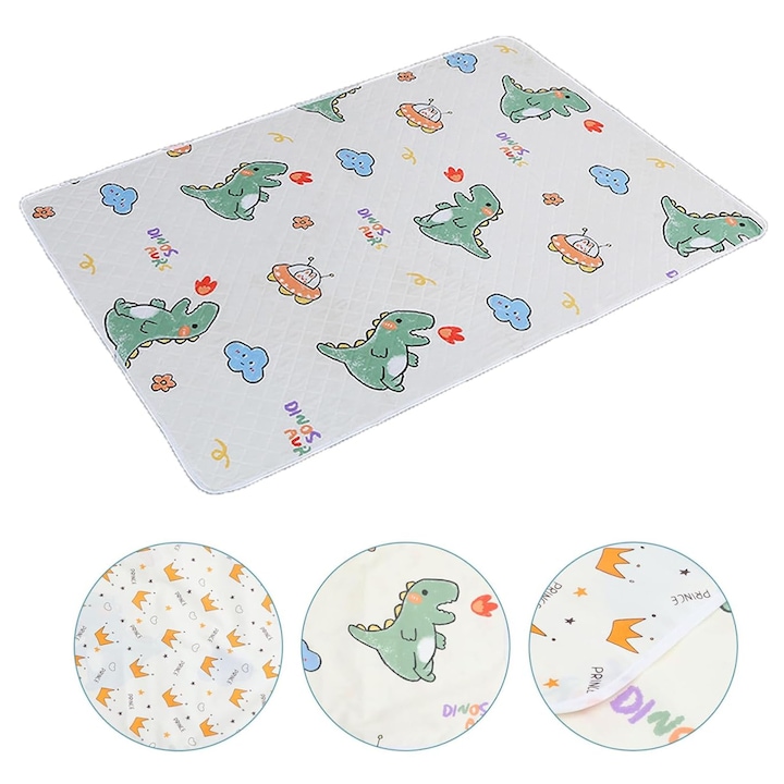 Водонепропусклива подложка, Wacorresi, Многократна водоустойчива подложка, Водонепропусклива подложка за деца, 70x90 см, абсорбираща и перяща се, за многократна употреба, тип одеяло, за смяна на пелени на бебето, Дизайн със син динозавър
