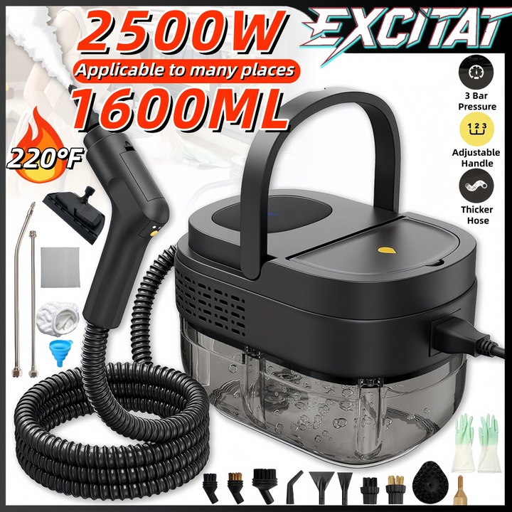 Aparat de curatat cu abur, EXCITAT®, 2500W, 3 Bar, rezervor 1600 ml, Afisaj digital, Maner de abur reglabil cu 3 viteze, 17 accesorii incluse, Negru