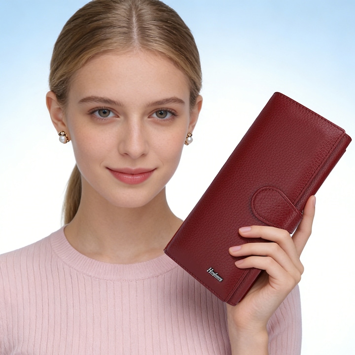 Portofel Dama, DEYKAY, Portofel Din Piele, Mare Capacitate, 14 Sloturi Carduri, 2 Zone Principale, 1 Geanta cu Fermoar, 19.5x9.5x3cm, Rosu inchis, 19.5 x 9.5 x 3 cm