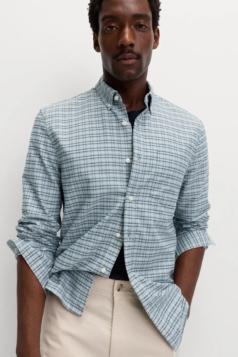 Marks & Spencer, Camasa cu buzunar pe piept si model in carouri, Alb/Verde deschis