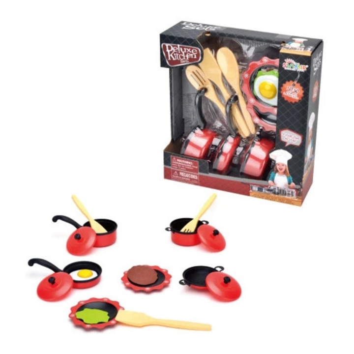 Set ustensile bucatarie copii, Askato, 16 elemente, rosu si albastru, 26x8,8x27,5cm