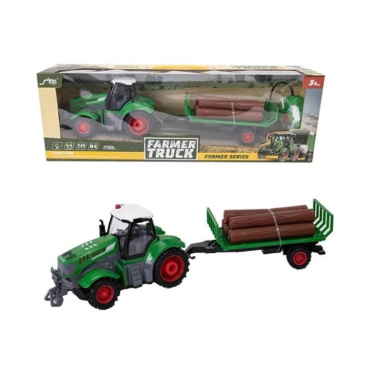Távirányítós traktor fa szállító pótkocsival 1:24, Askato, 41x9.5x11.5cm, USB tápellátás