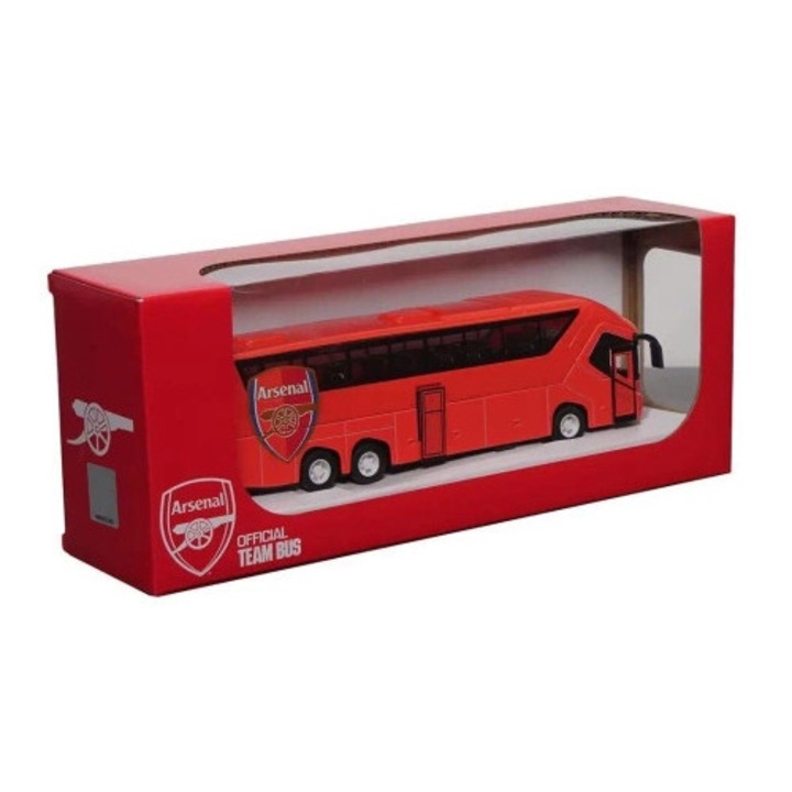 Arsenal buszmodell, Banbo Toys, 1:50, nyitható oldalajtókkal, súrlódásos mechanizmus