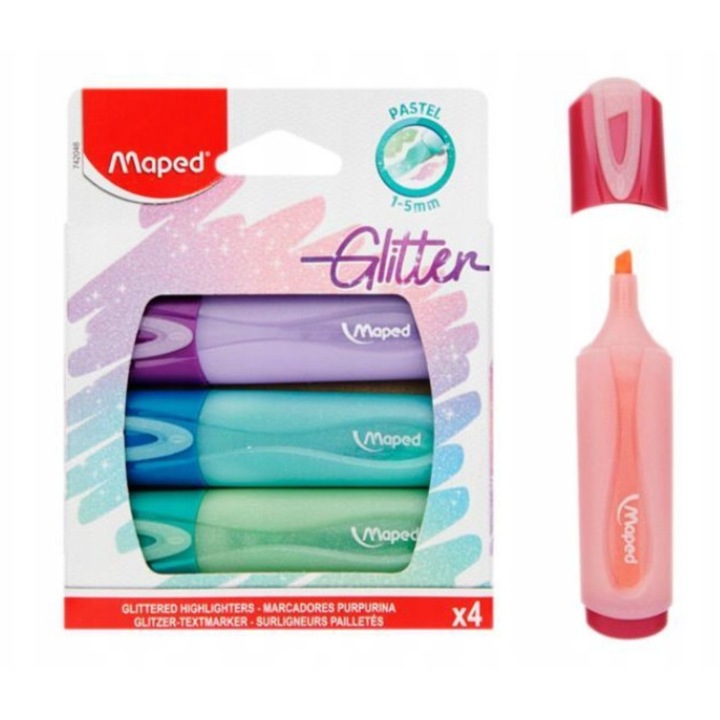 Set 4 markere pastel cu sclipici Maped, efect stralucitor, latime varf 1-5mm, culori pastel