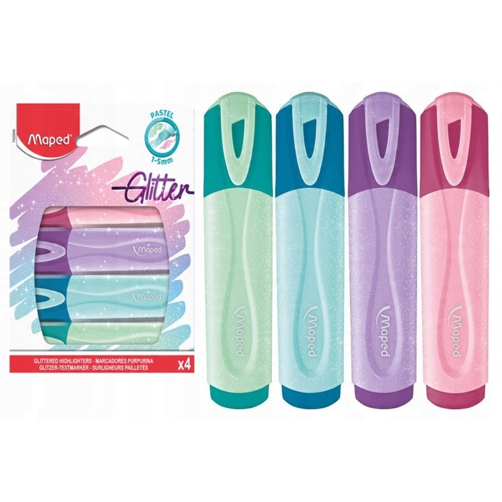 Set 4 Markere Pastel cu Sclipici Maped Fluo'Peps, 1-5mm, non-toxic, ergonomice