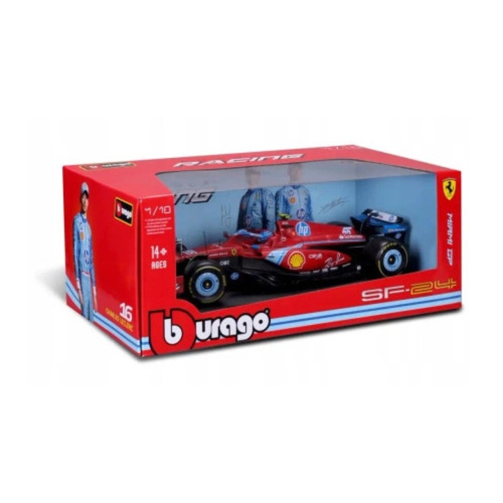 Model metalic Bburago Ferrari SF-24 Carlos Sainz, 31x11x6cm, set cu suport plastic