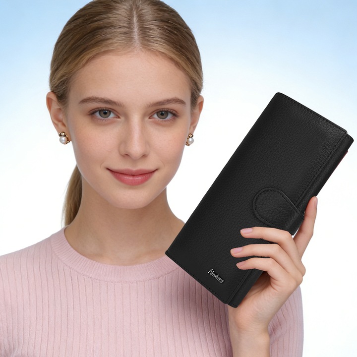 Portofel Dama, DEYKAY, Portofel Din Piele, Mare Capacitate, 14 Sloturi Carduri, 2 Zone Principale, 1 Geanta cu Fermoar, 19.5x9.5x3cm, Negru, 19.5 x 9.5 x 3 cm