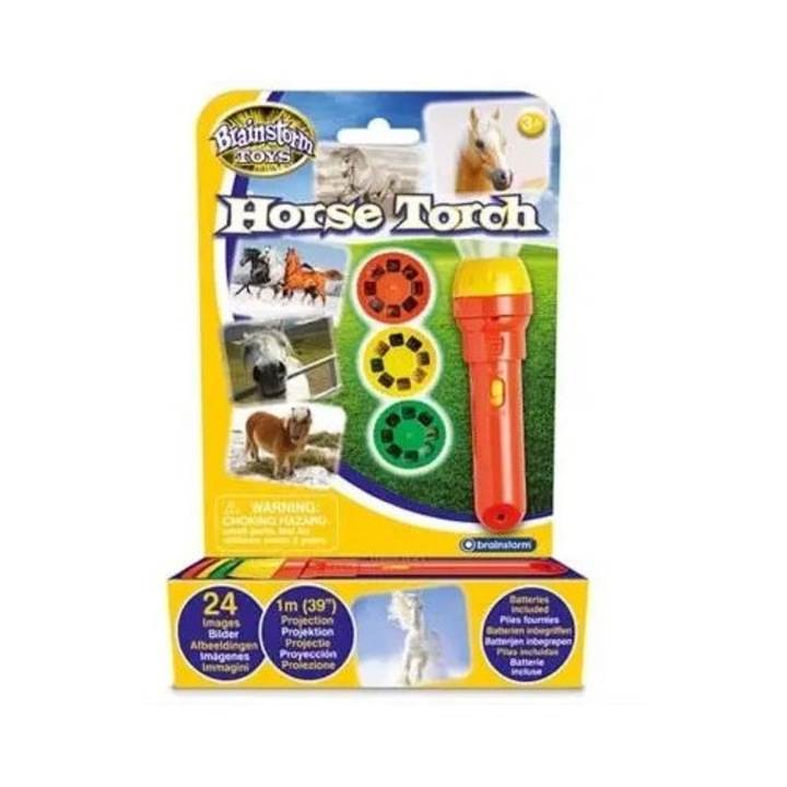 Lanterna si proiector - Brainstorm, 24 imagini colorate cu cai si ponei, 11x3,5cm, alimentare cu baterii