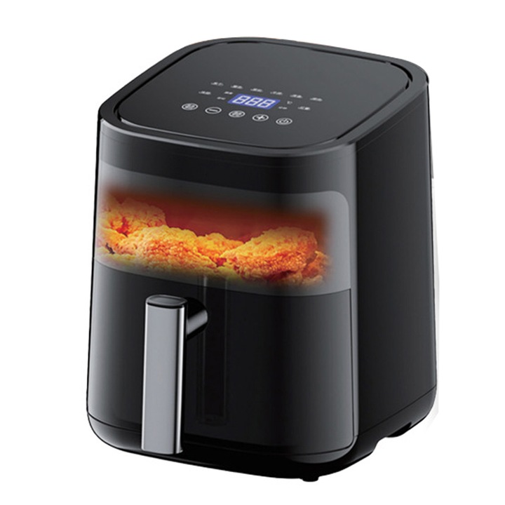 Friteuza cu Aer Cald IDAMAKON 1200W Capacitate 4L 8 Programe Functie Grill Gatire Fara Ulei cu Gratar Incorporat Vas Detasabil Antiaderent Display LCD Temperatura Reglabila 80°C to 200°C Negru