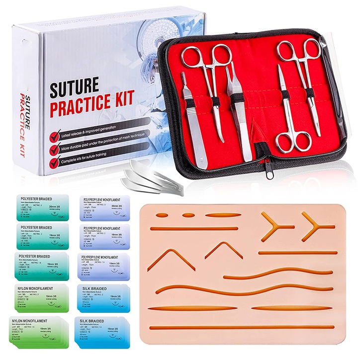 Kit profesional pentru practicarea suturilor chirurgicale, Omelivon, instrumente de sutura, fire si ace, pense chirurgicale asortate, lame de bisturiu, 1 geanta portabila, reutilizabile, portabila