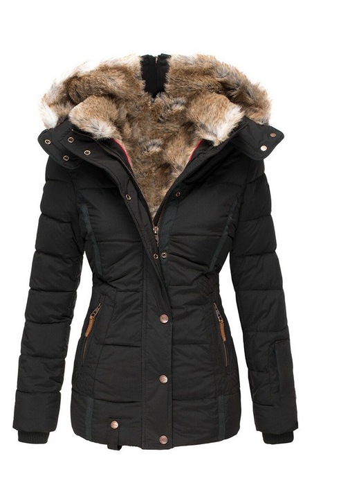 Jacheta de iarna pentru femei, cu guler de blana, captusita, bumbac, neagra, cu fermoar, 5XL INTL